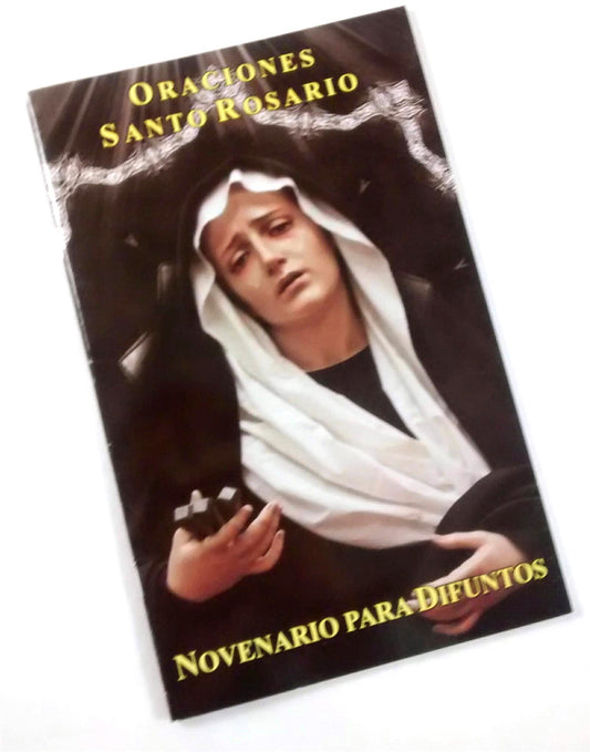 5.5" x 8.5" pocket prayer book with rosary prayers and novena for the deceased, featuring a sorrowful Virgin Mary image