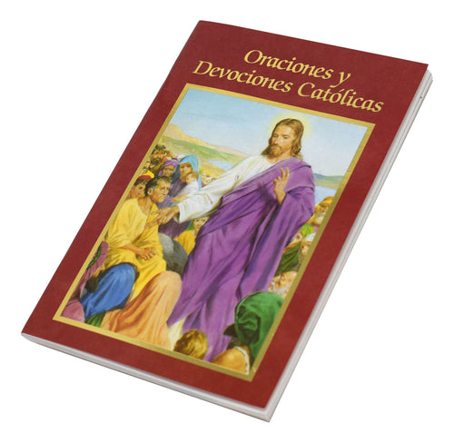 Oraciones y Devociones Católicas book with red cover and illustration of Jesus teaching a group of people outdoors