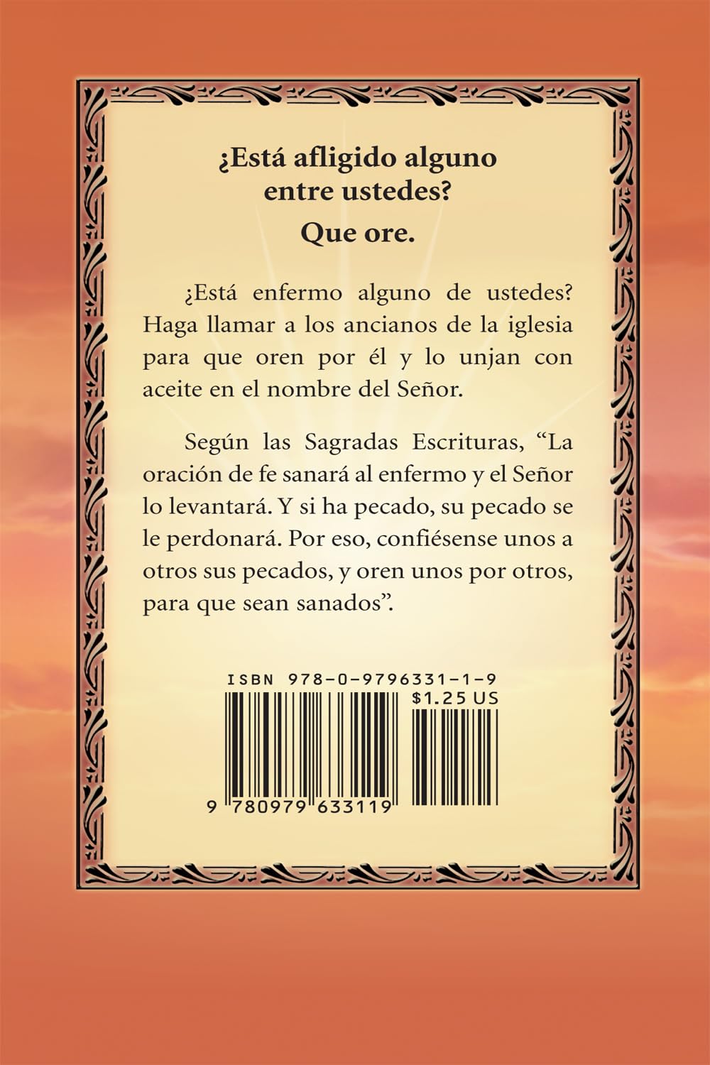 Back cover of a Spanish prayer booklet with scripture text and decorative border on orange background