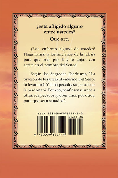 Back cover of a Spanish prayer booklet with scripture text and decorative border on orange background