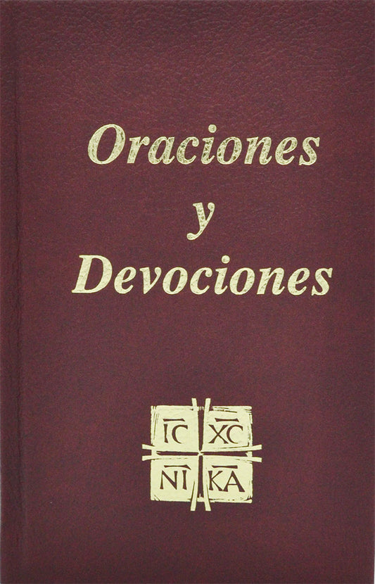 Hardcover book titled Oraciones y Devociones with religious symbol on maroon textured cover