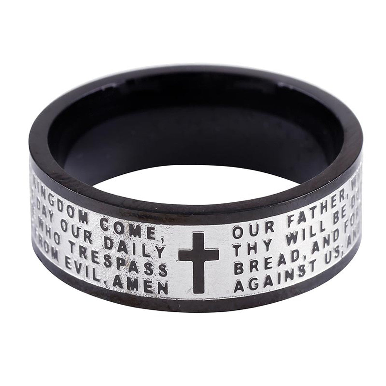 Black stainless steel ring laser-etched with Our Father prayer text and bold cross symbol on silver band