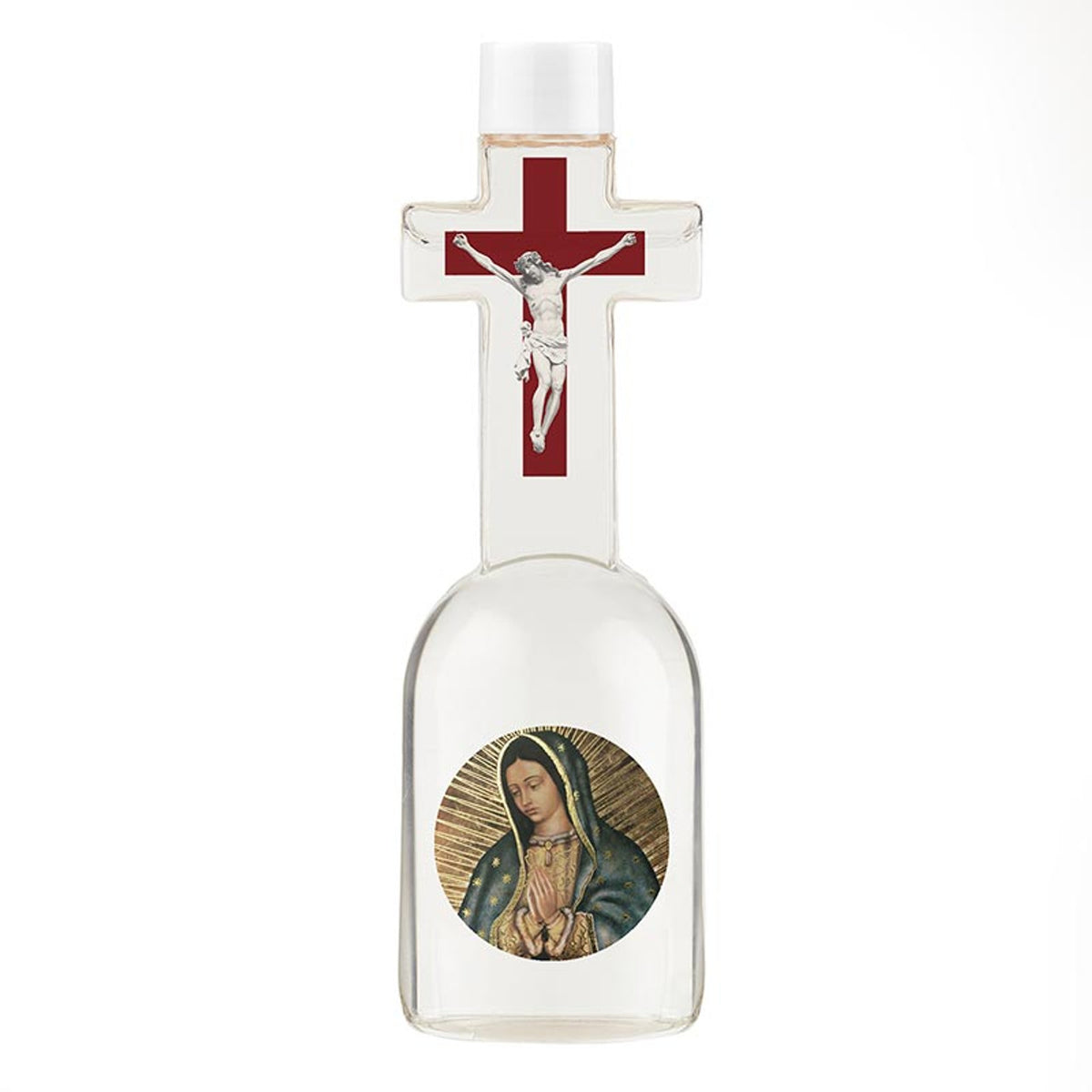 Our Lady of Guadalupe ornate holy water bottle with crucifix top and full-color image, 6-ounce clear container.
