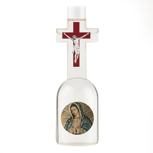 Our Lady of Guadalupe ornate holy water bottle with crucifix top and full-color image, 6-ounce clear container.