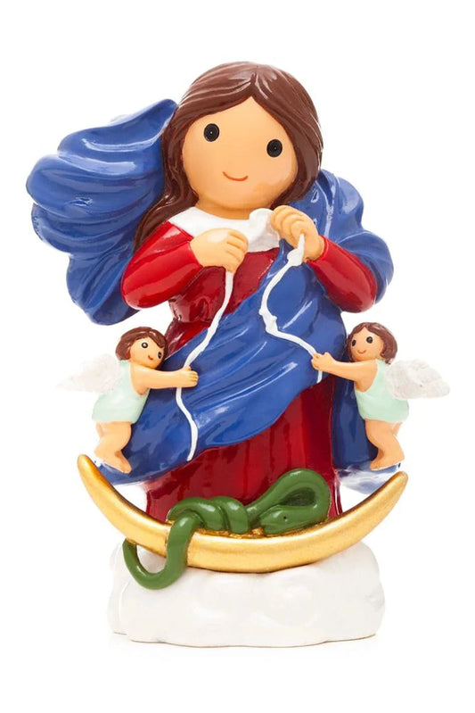 3.5" Lady Undoer of Knots figurine with Mary in red and blue robes and two small angels holding white ribbons