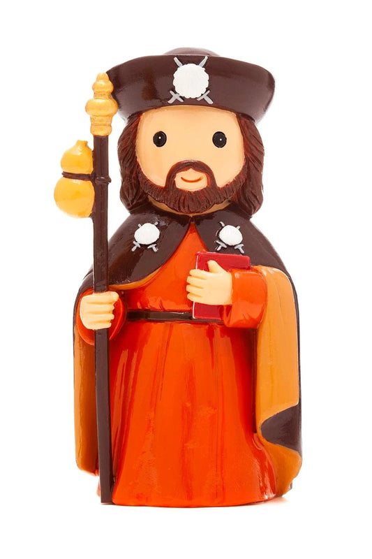 3.5" Saint James collector's edition figurine holding staff and book with brown hat and orange cloak