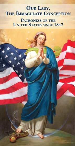 Our Lady, the Immaculate Conception, Patroness of the USA since 1847 with American flag background in prayer