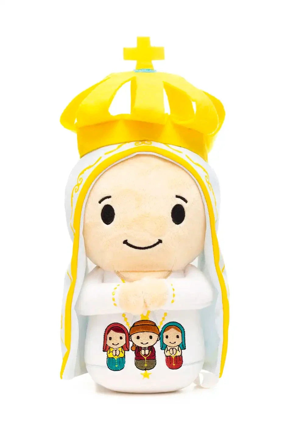 9" Our Lady of Fatima plush doll with yellow crown and embroidered image of three shepherd children on white robe