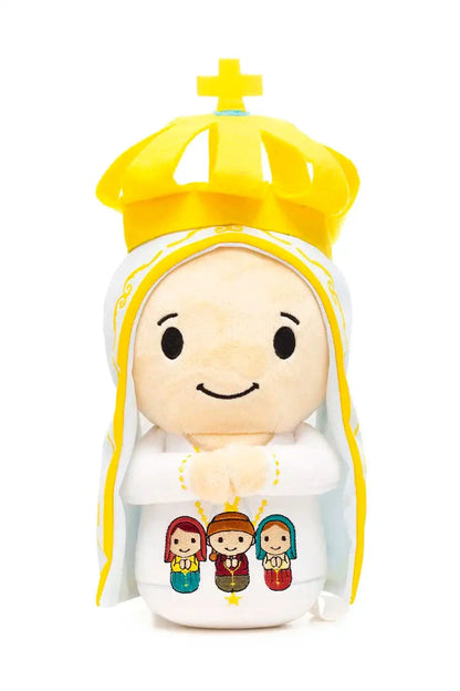 9" Our Lady of Fatima plush doll with yellow crown and embroidered image of three shepherd children on white robe