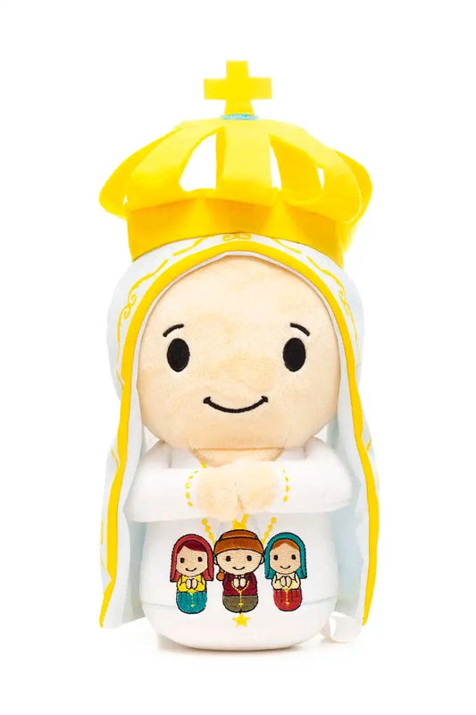 9" Our Lady of Fatima plush doll with yellow crown and embroidered image of three shepherd children on white robe