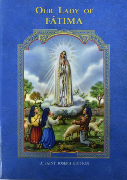 Blue book cover titled Our Lady of Fatima showing apparition of Mary with children and sheep in pastoral scene