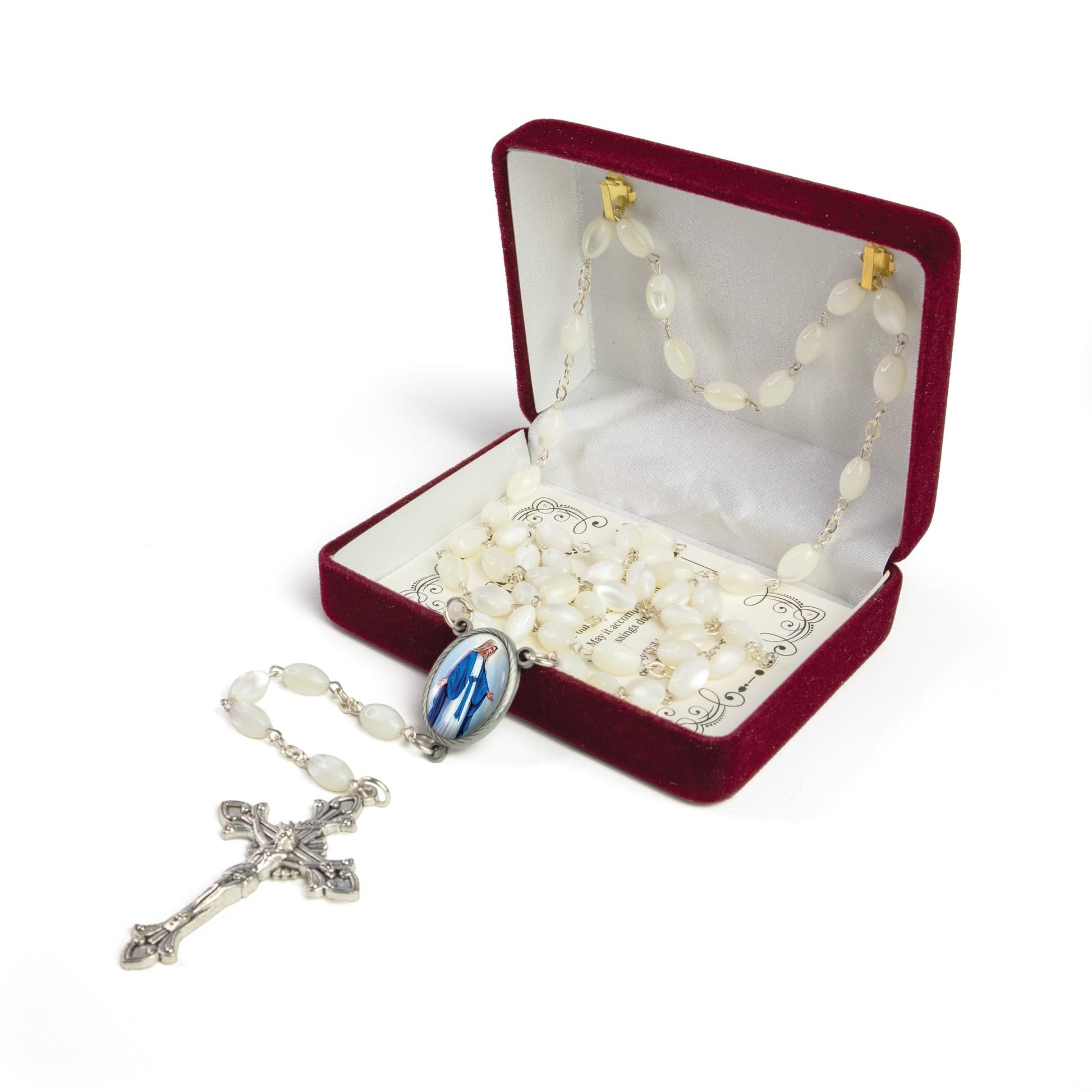 22-inch Our Lady of Grace rosary with genuine Mother of Pearl beads, silver crucifix, and oval Mary medal in velvet box