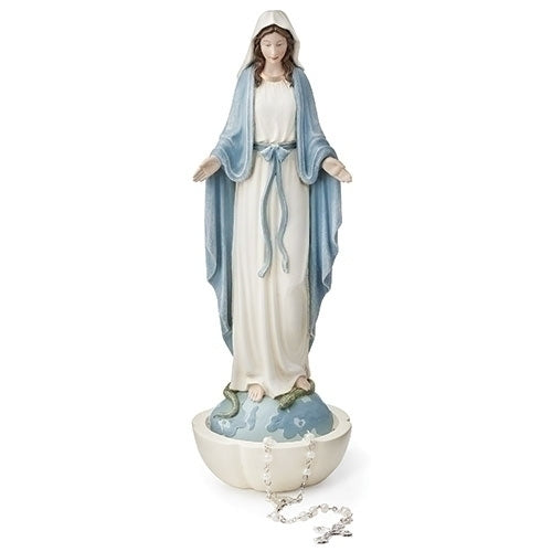 Our Lady of Grace rosary holder statue 8 inches tall with detailed blue and white robes and rosary display bowl