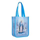 Small eco-friendly tote bag with vibrant Our Lady of Grace image on blue background, made from repurposed plastic materials