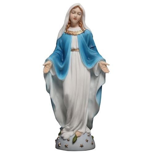 6 1/8" Our Lady of Grace statue with hand-painted white robe, blue mantle, gold detailing, and star-adorned base