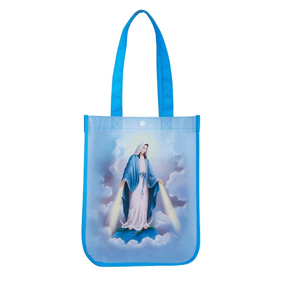 Our Lady of Grace small eco-friendly tote bag with vibrant classic Catholic image and blue handles, made from repurposed materials