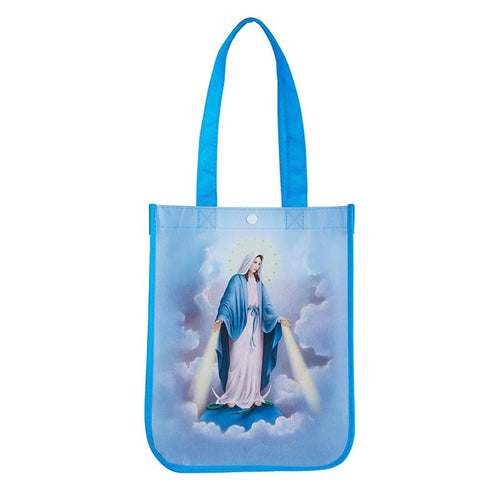 Our Lady of Grace small eco-friendly tote bag with vibrant classic Catholic image and blue handles, made from repurposed materials