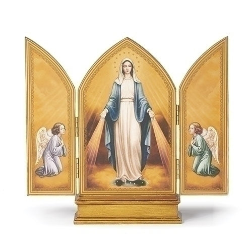 10" Our Lady of Grace triptych with gold frame, central figure of Mary, and kneeling angels on side panels