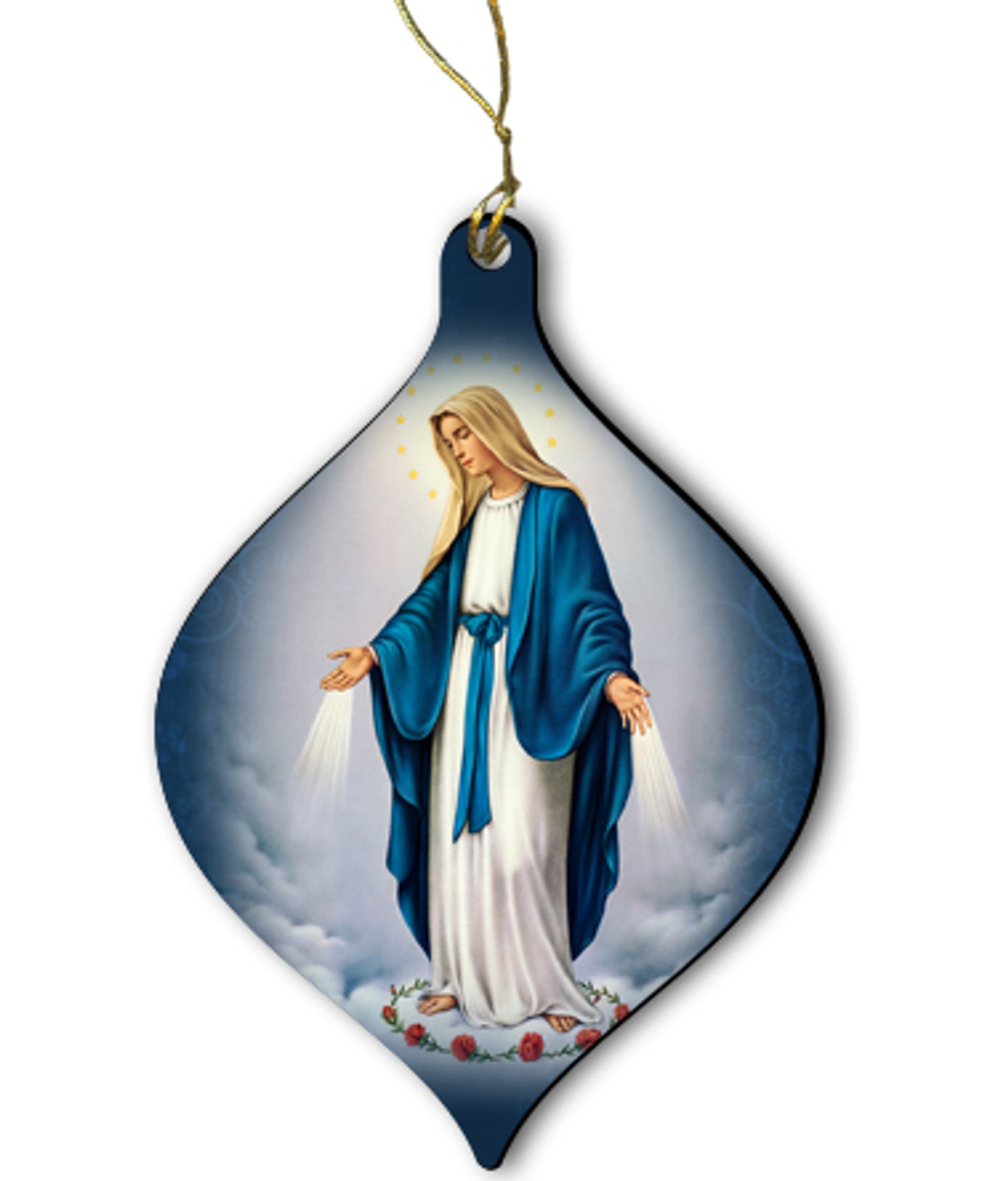 Our Lady of Grace wood ornament with blue and white robes, gold halo, and floral accents, 2 3/4 inches tall.