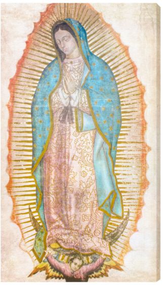 Watercolor canvas print of Our Lady of Guadalupe with blue mantle and radiant gold rays on beige background