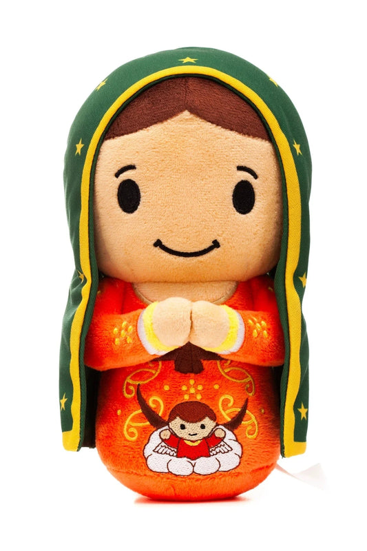 9" Our Lady of Guadalupe plush doll with green starry veil and orange embroidered dress in praying pose