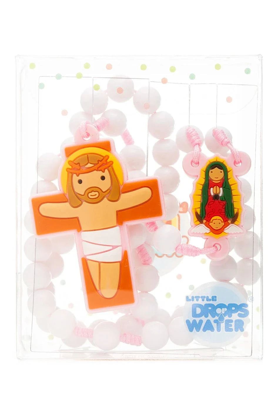 Pink rosary with cartoon-style crucifix and Our Lady of Guadalupe centerpiece in clear packaging