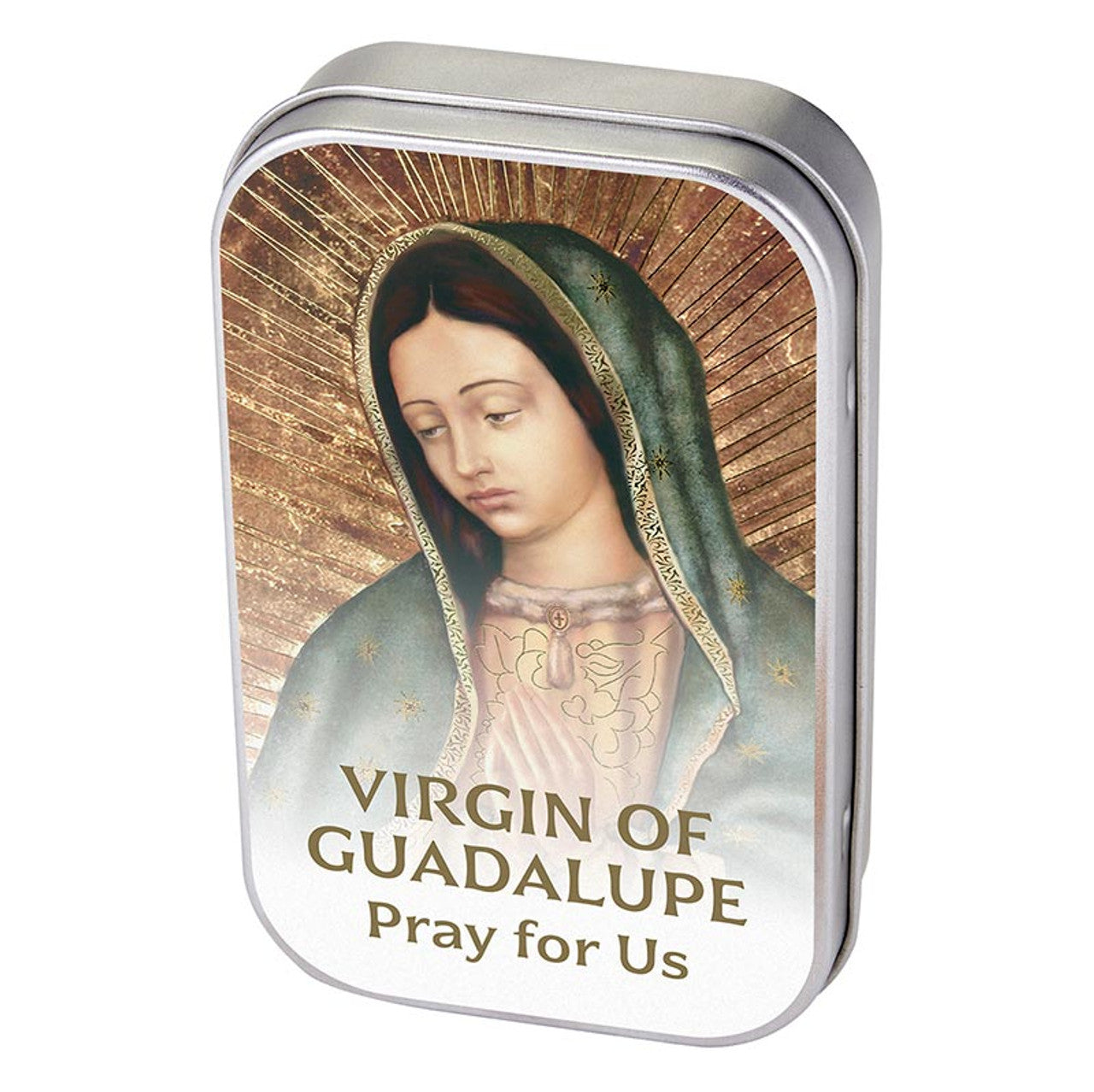 Rectangular metal prayer box featuring Our Lady of Guadalupe with "Pray for Us" text on the lid.