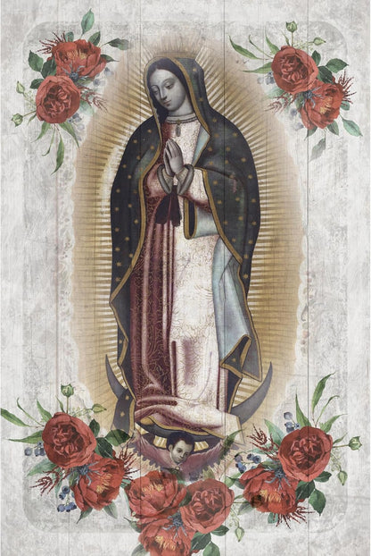Our Lady of Guadalupe wooden wall plaque 6x9 inches with floral accents on rustic wood background, made in USA.
