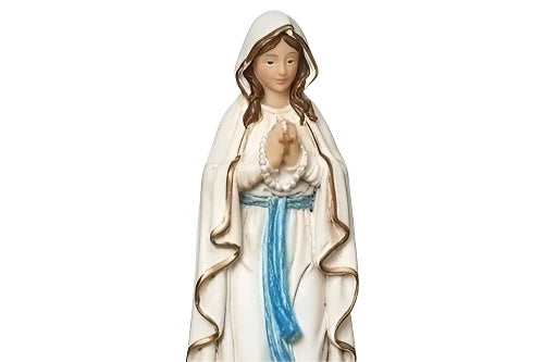 Statue of Virgin Mary in white robe with blue sash, hands clasped in prayer, smooth matte finish detail