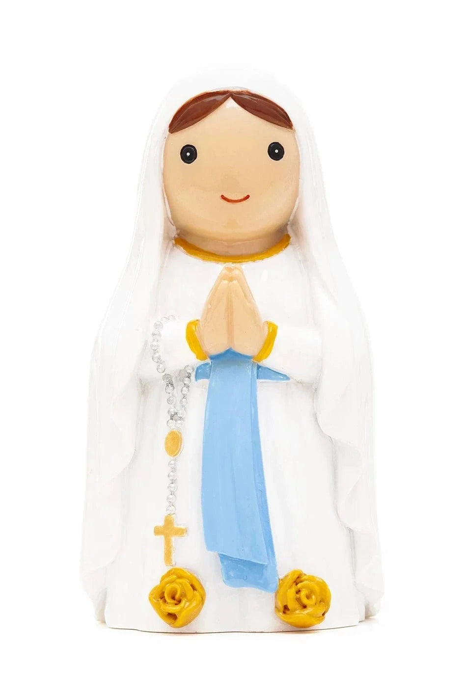 3.5" Our Lady of Lourdes collector’s edition figurine with praying hands, blue sash, yellow roses, and rosary beads