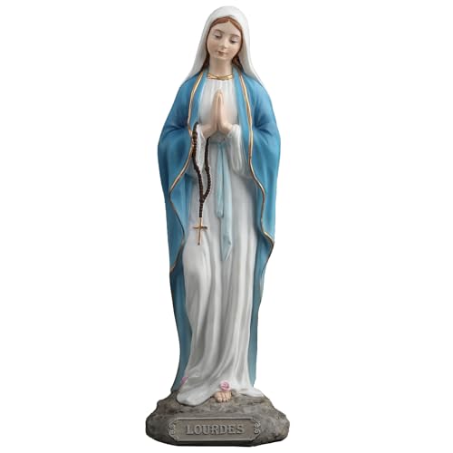 6 1/8" hand-painted polyresin Our Lady of Lourdes statue with blue cloak, praying hands, and rosary on textured base