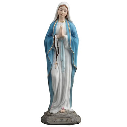 6 1/8" hand-painted polyresin Our Lady of Lourdes statue with blue cloak, praying hands, and rosary on textured base