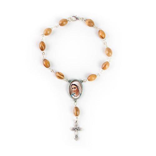 Virgin Mary Medjugorje auto rosary with Holy Land olive wood beads and detailed silver crucifix pendant