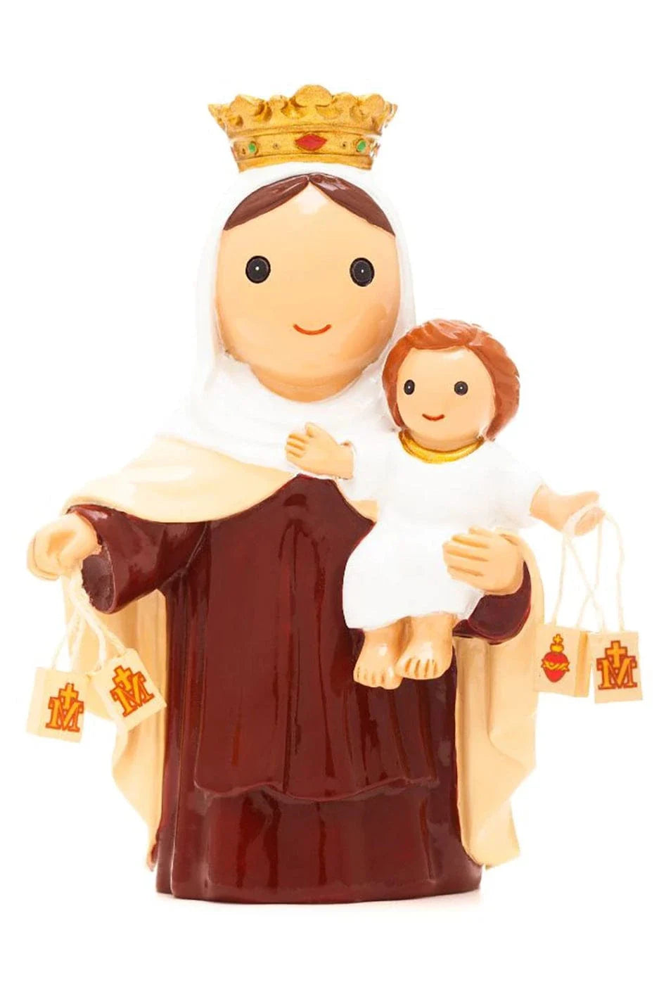 3.7" Our Lady of Mount Carmel figurine holding baby Jesus with brown and cream robes and golden crown
