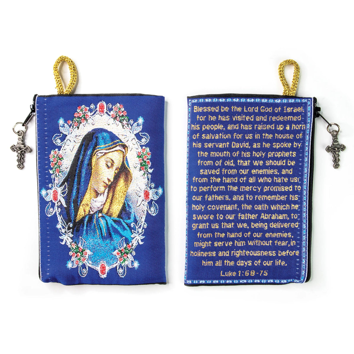 4" x 6" woven tapestry rosary pouch with Our Lady of Sorrows image and Luke 1:58-75 prayer text on zippered bag