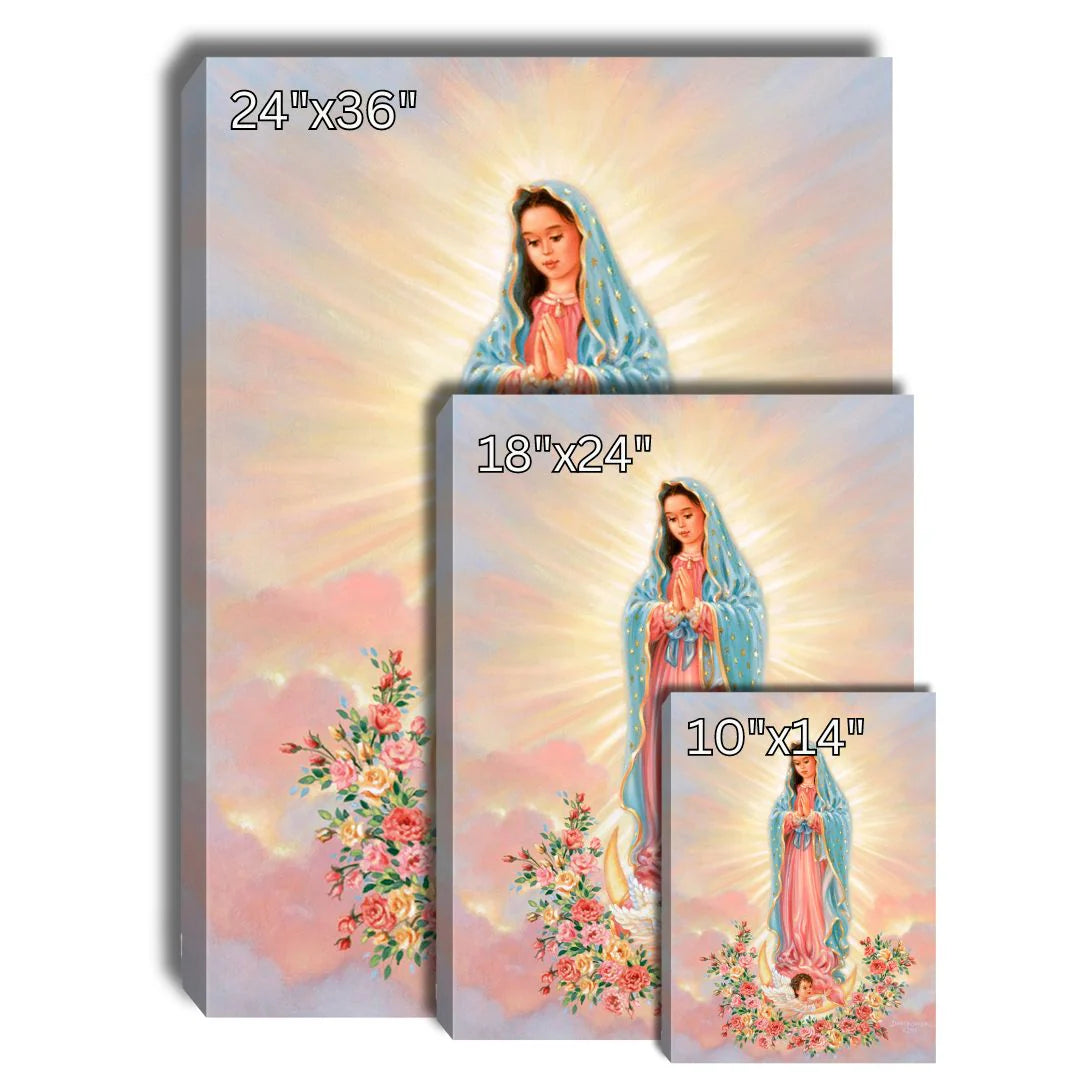 Our Lady of Guadalupe canvas print with radiant light, praying hands, and floral base in 10, 18, and 24 inch sizes.