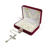 22" Our Lady of Medjugorje rosary with Mother of Pearl beads, oval Virgin Mary medal, and silver crucifix in velvet box