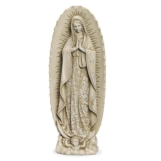 15.5" Our Lady of Guadalupe statue in neutral tones with detailed robe, praying hands, and radiant halo backdrop
