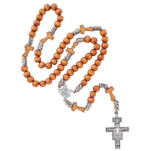 St. Francis Paracord Rosary with natural wood beads, multicolor nylon cord, and reversible St. Francis and St. Clare medal