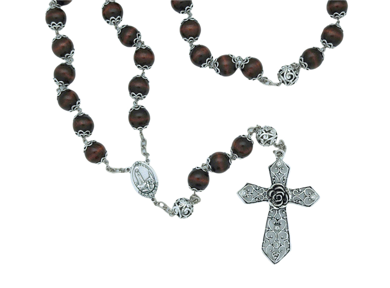 Wood Wall Rosary with 18mm dark wooden beads, decorative silver caps, and detailed silver cross pendant