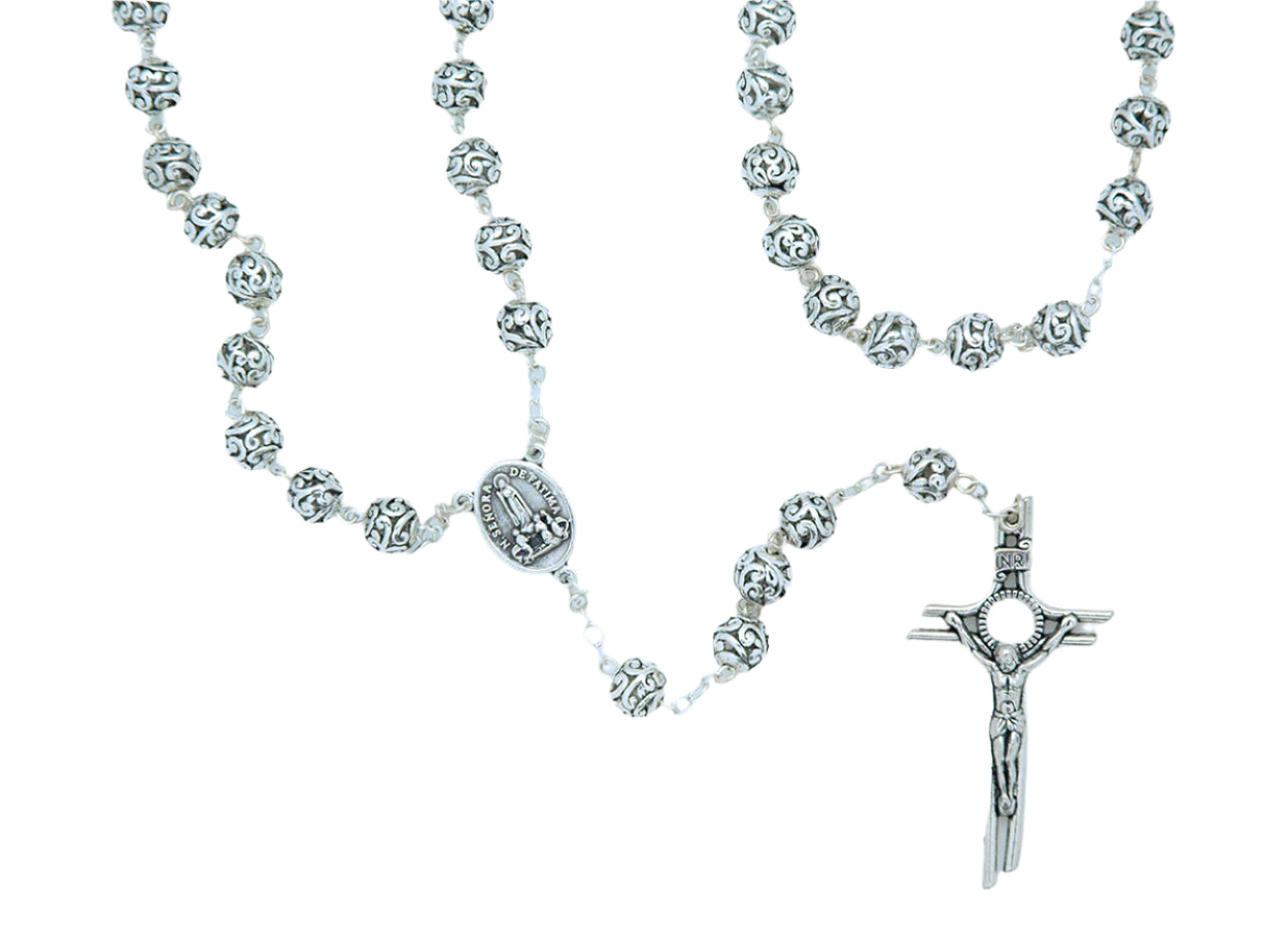 Metal Filigree Rosary 8 mm with intricately designed beads, detailed crucifix, and Fatima centerpiece medallion