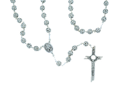 Metal Filigree Rosary 8 mm with intricately designed beads, detailed crucifix, and Fatima centerpiece medallion