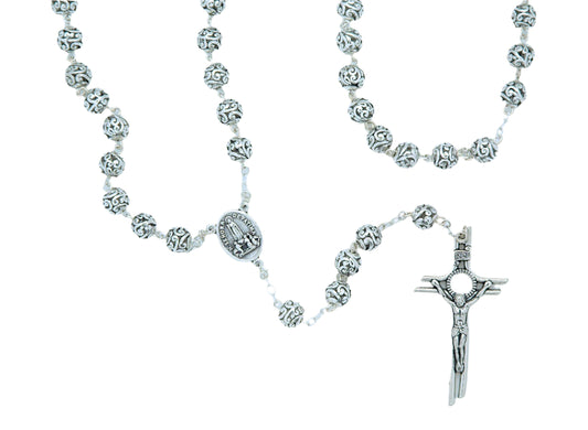 Metal Filigree Rosary 8 mm with intricately designed beads, detailed crucifix, and Fatima centerpiece medallion