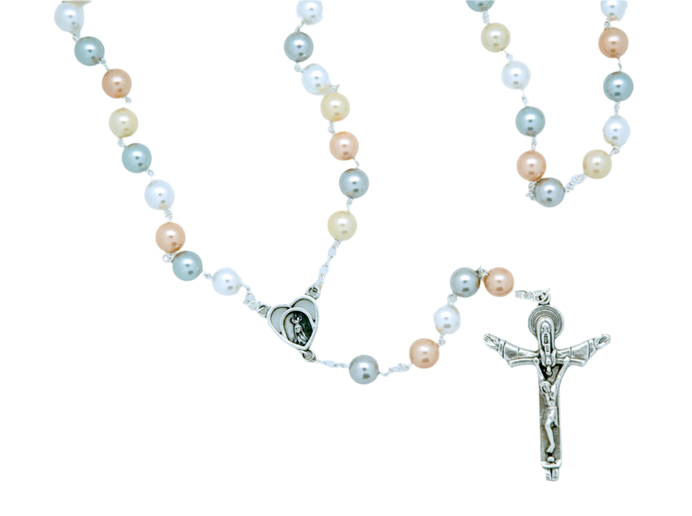 8mm multi-colored glass pearl rosary with silver-tone crucifix and heart-shaped centerpiece featuring sacred image