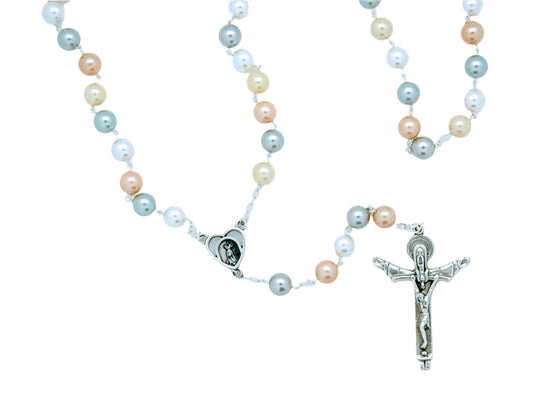 8mm multi-colored glass pearl rosary with silver-tone crucifix and heart-shaped centerpiece featuring sacred image