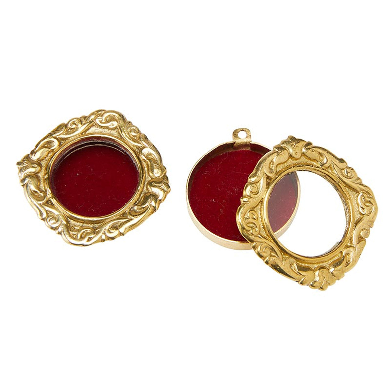 1-3/16" mini reliquary with ornate gold frame and red velvet interior, open to display sacred relics or keepsakes