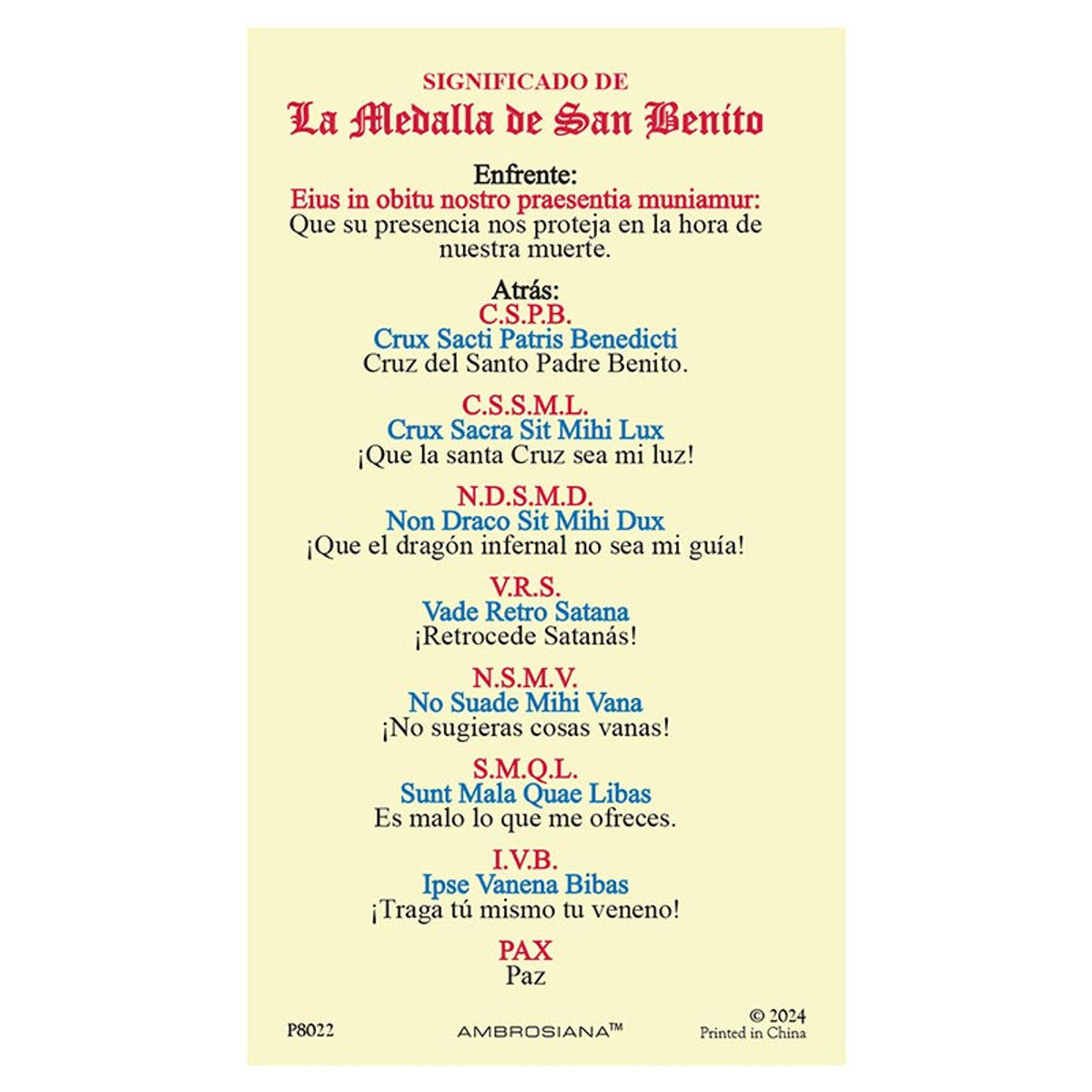 Sacred laminated card of the Saint Benedict Medal with golden front design and prayer text on back