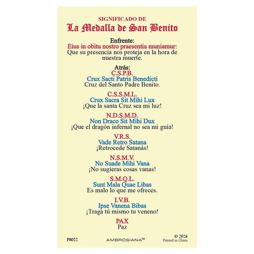 Sacred laminated card of the Saint Benedict Medal with golden front design and prayer text on back