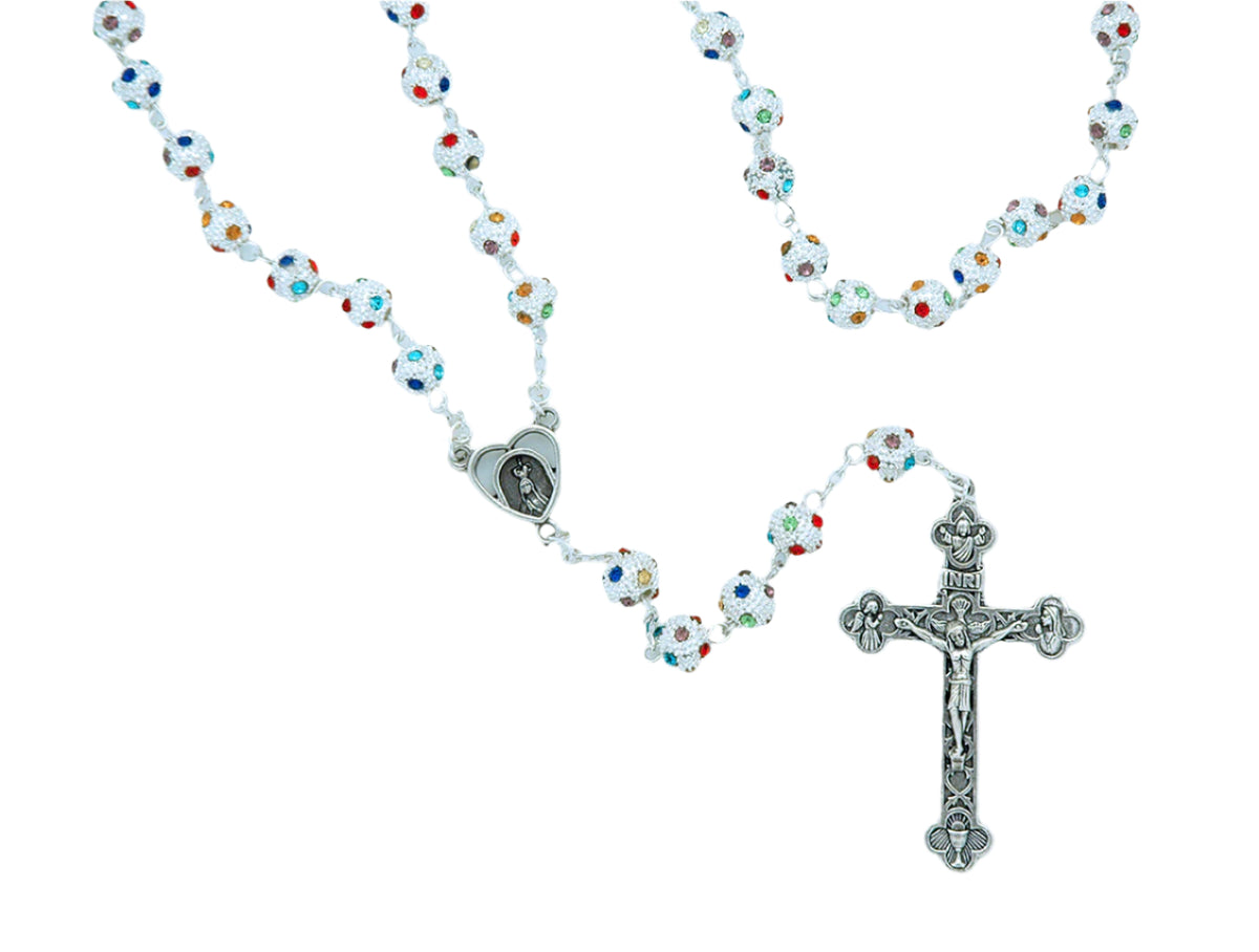 8mm silver rosary with multi-colored crystal beads, detailed centerpiece, and ornate crucifix pendant design
