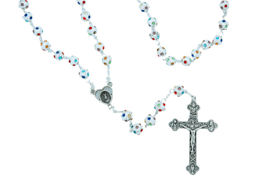 8mm silver rosary with multi-colored crystal beads, detailed centerpiece, and ornate crucifix pendant design